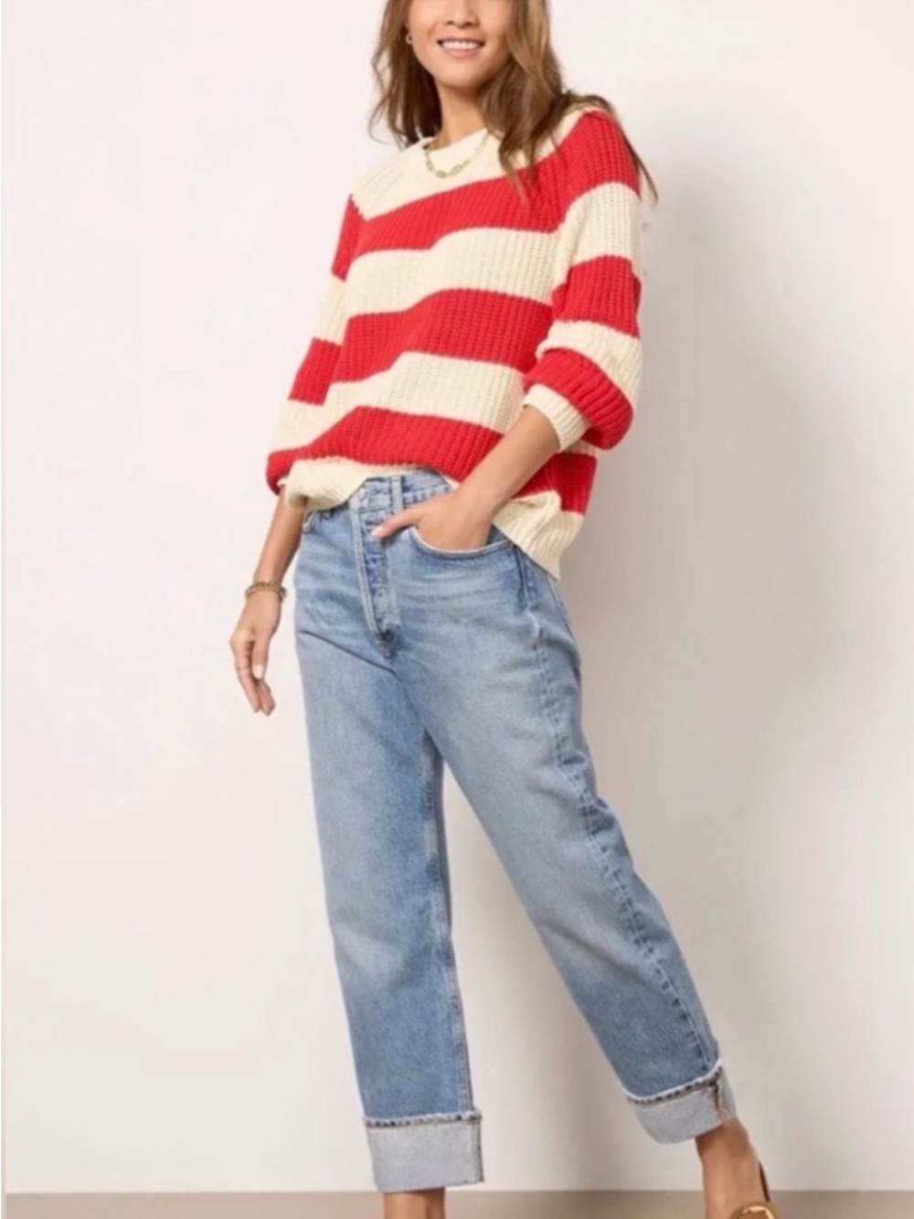 Velvet by Graham & Spencer size M red ivory stripes cozy sweater - Picture 2 of 7